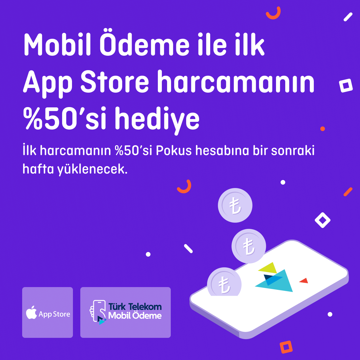 >Türk Telekom Mobil Ödemeyle tanışma zamanı! App Store’da mobil ödemeyle harca %50 nakit hediye kazan!